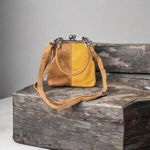 NEW Vintage Retro French Small Square Crossbody Bag Purse Colorblock Faux Suede